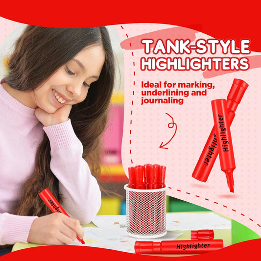 Qilery 30 Pack Highlighters Bulk, Tank Style Chisel Tip Highlighters Markers Quick Drying for Kids and Adult Coloring, Classroom Home Office School Supplies (Red)