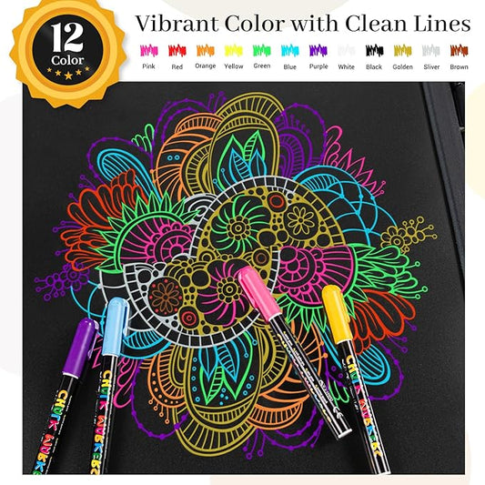 KERIFI Liquid Chalk Markers Fine Tip 1.0 mm, 12 Colors Wet Erase Makers for Chalkboard Calendar, Erasable Chalk Pens for Chalkboard, Blackboard, Bistro, Menu, Glass, Wedding Signs, 45 Labels Included