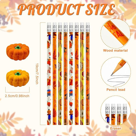 Cinrobiye 60 Pieces Fall Thanksgiving Day Pencils with Pumpkin Eraser Bulk Fall Party Favors Maple Leaf Autumn Pumpkins Pencils Erasers for Harvest School Party Teacher Rewarding Supplies