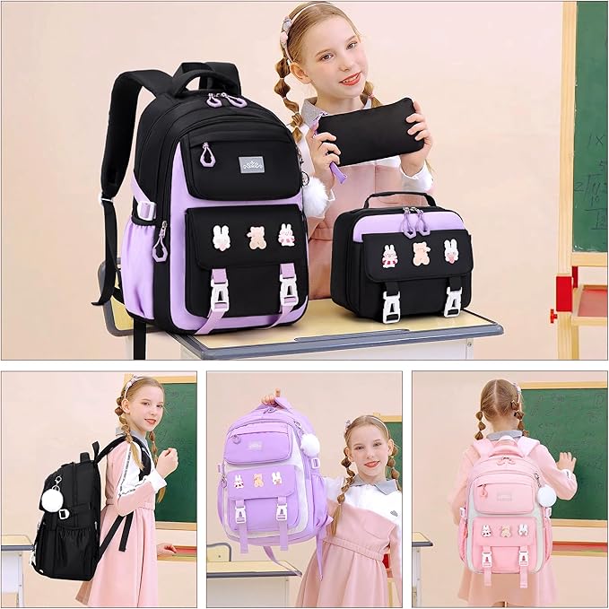 3PCS Girls Backpack for School, Kids Backpack for Girls with Lunch Box Pencil Case Set for Teen Girl Elementary Primary Middle High College School Bookbag with Cute Pins (Black-Purple)
