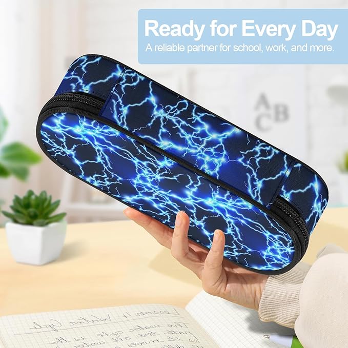 Lightning Large Pencil Case Big Capacity Blue Pencil Pouch for Boys Girls Teen Women Men Adult, Portable Kids Pencil Bag with Zipper, Stationery Storage Pen Bag for School Supplies Office Organizer
