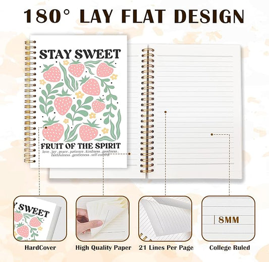 Qabliqo Fruit of the Spirit Christian Spiral Notebooks, Strawberry Bible Journals for Writing, Religious Scripture Journal for Women, Bible Verse Notebook for Note Taking, 5.5x8.3 Inch
