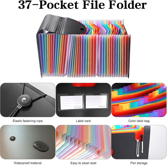 37-Pocket Expanding File Folder with Labels, A4/Letter Size Accordion Document Organizer, Portable Black Folder for Office, Travel, Business, School & Home