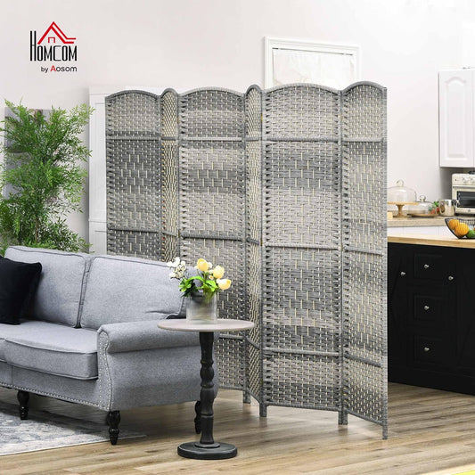 HOMCOM 6 Panel Room Divider, 6' Tall Folding Privacy Screen, Hand-Woven Freestanding Wall Partition for Home Office, Bedroom, Mixed Gray