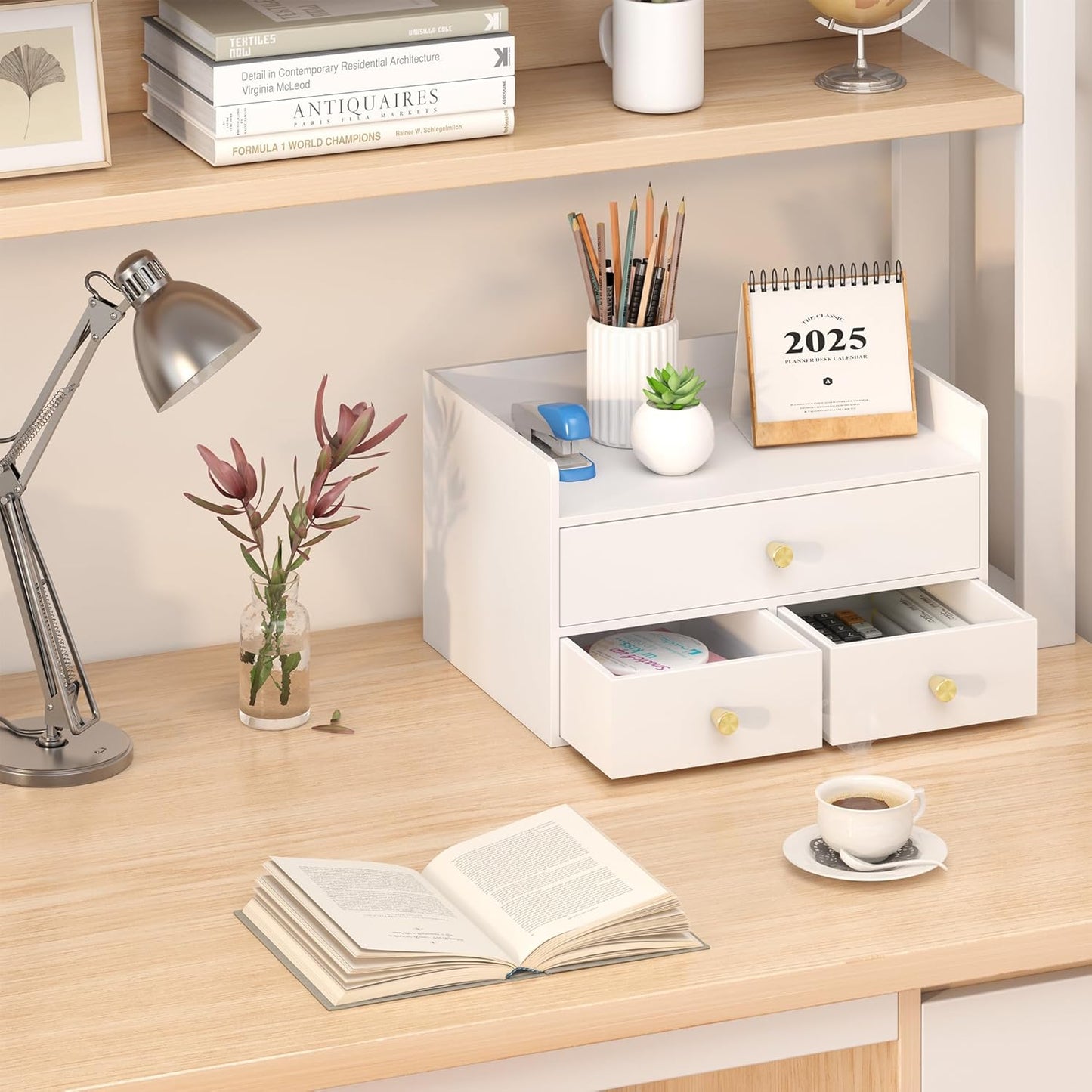 Bamboo Desk Organizer - Stackable, No Assembly Required, Ideal for Office/Home Use - Perfect for Toiletries, Stationery, Accessories. (White, Fence three Desk Organizer)