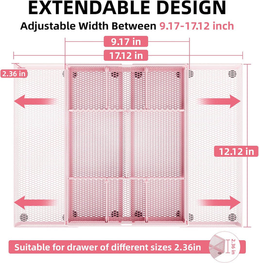 Marbrasse Expandable Desk Drawer Organizer, Mesh Tray with 10 Adjustable Compartments, Desk Organizers for Office Supplies, Makeup & Vanity (Expandable-Pink)