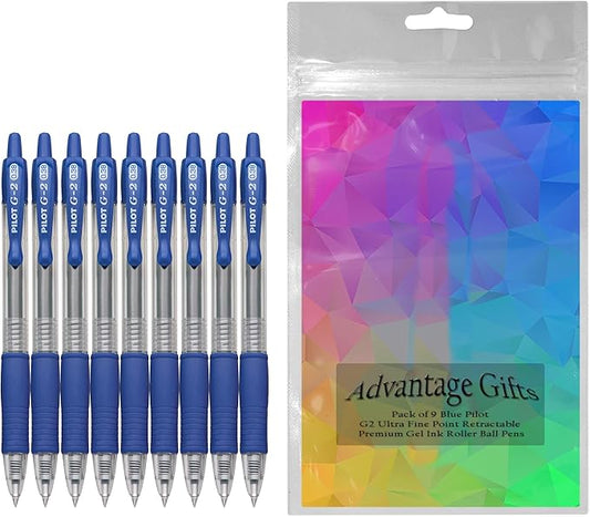 G2 Retractable Premium Gel Ink Roller Ball Pens Ultra Fine Point (.38mm) Blue Ink 9 pack; Refillable & Premium Comfort Grip Bundle with Plastic Reusable Pouch