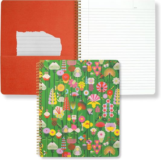 ban.do Floral Rough Draft Large Spiral Notebook, 11" x 9" with Pockets and 160 College Ruled Pages, Green Geometric Flowers