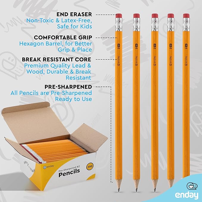 Enday #2 Pencils Bulk - 300 Pack - Pre-sharpened pencils #2 Wood-Cased Yellow Sharpened Pencils for Kids with Latex-Free Eraser Top for Office and Classroom Supplies.