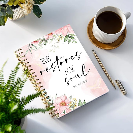 Bible Notebook, A5 Spiral Christian Journal with Floral Pink Butterfly Notebook, Bible Verse-He Restores My Soul, Inspirational Notebooks for Women, Bible Study, Gift for Birthday Christmas, Office Supplies (Light pink)