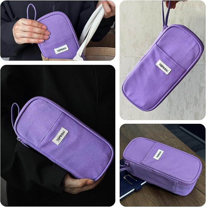 Large Pencil Case Pouch for Girls Boy Kids Children, Big Capacity Canvas Pencil Bag, Office College School Multi Compartment Zipper Stationery Pen Bag (Purple)