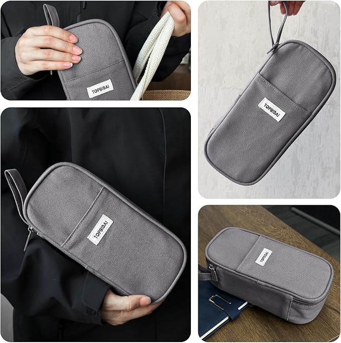 Large Pencil Case Pouch for Boy Men Kids Adults, Big Capacity Canvas Pencil Bag, Office College School Multi Compartment Zipper Stationery Pen Bag (Grey)