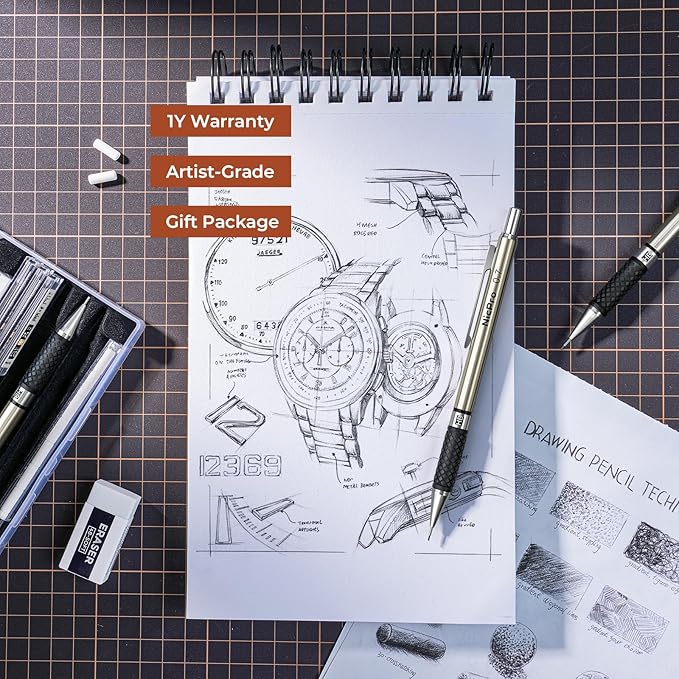 Nicpro 0.7 mm Art Mechanical Pencil Set in Storage Case, 3 PCS Metal Drafting Pencil Lead Pencil with 6 Tube HB Lead Refills, 3 Erasers, 9 PCS Eraser Refills for Artist Writing, Drawing, Sketching