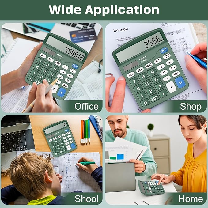 Comix Desktop Calculator 12 Digit with Large LCD Display and Big Button, 2-Pack, 12 Digits Baisc Calculator, Solar Battery Dual Powered, for Office Home School Green