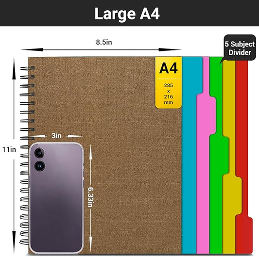 EUSOAR 5 Subject Spiral Notebook, 1pcs A4 11" x8-1/2 College Ruled Writing Pad, 100GSM 120Sheets/ 240Pages of Lined Paper, Thick Hardcover, for Traveling Students, Office and Business, Kraft
