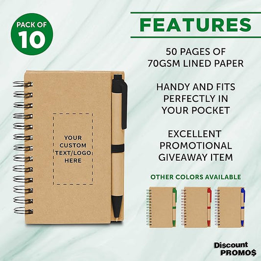 Custom Mini Spiral Notebooks with Black Ink Pens Set of 10, Personalized Bulk Pack - Perfect for School, Office, Business, Home - Black