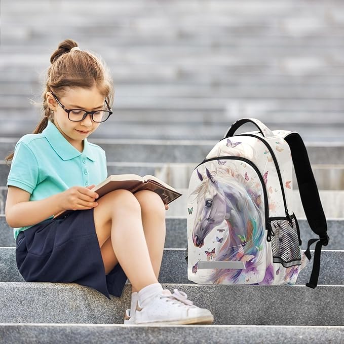 White Horse Butterfly Backpack for Girls Boys Elementary School Bag Kids Bookbag Travel Rucksack