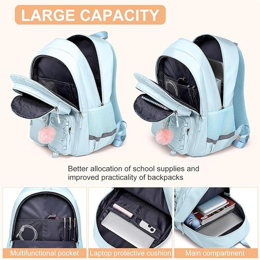 School Backpack for Teen Girls, Cute College Back Pack for Women, Kids Backpack for Girls, Middle Students School BookBag, 15.6 Inch Laptop Bag Travel Back Pack, Light Blue