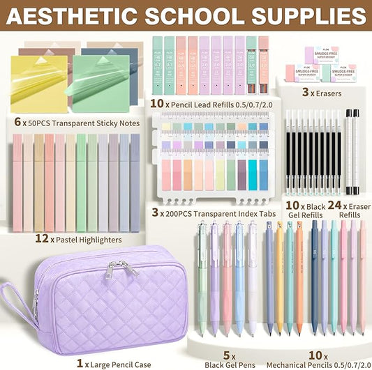 62PCS Aesthetic School Supplies with Cute Pencil Case, Pastel Highlighters Black Ink Gel Pens Mechanical Pencils Kit, Back to School Supplies College Essentials Preppy Stationary Set for Student Girls