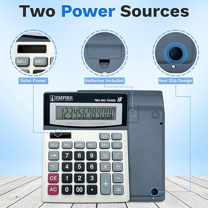 Empire Desk Calculator with Large Key Buttons, 12-Digit Large Eye-Angled Display, Solar & Battery Powered - Basic Calculator for Students, Home and Office Use (Battery Included)