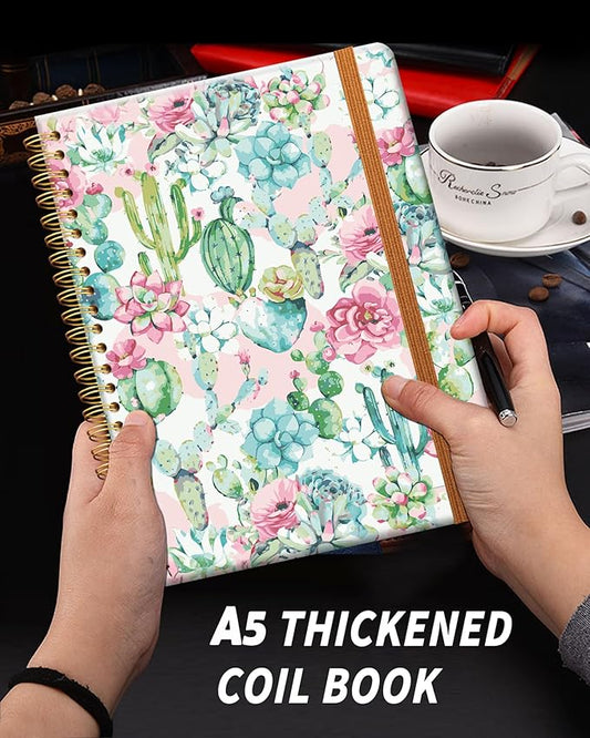 Ruled Spiral Writing Notebook,A5 Hardcover Lined College Journal for Women Lady Girl,Strong Twin-Wire Binding with Premium Paper,8.4" X 6",Perfect for School,Office,Home Gifts(pink cactus