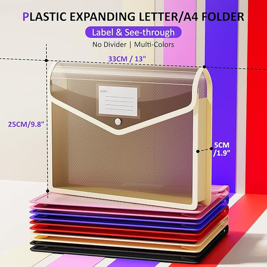 ThinkTex Plastic Expanding File Folder, Transparent Envelopes with Snap Closure,Suitable for Home, Office, School and Hospital, Large Capacity,No Dividers, 5 Colors, Fit Letter/A4 Size-10 Pcs