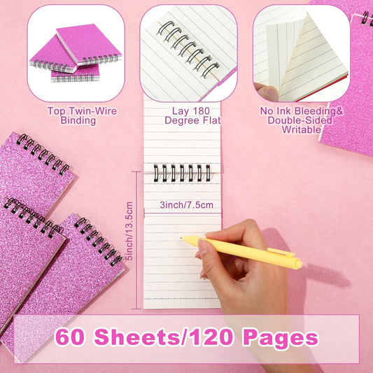Tenceur 6 Pcs Pocket Notebook Bulk Small 3x5 Inch Spiral Notepads Mini Top Bound Notebook with Lined 120 Pages Ruled Memo Pads for Office College Nurse Essentials Back to School Gift (Glitter Pink)