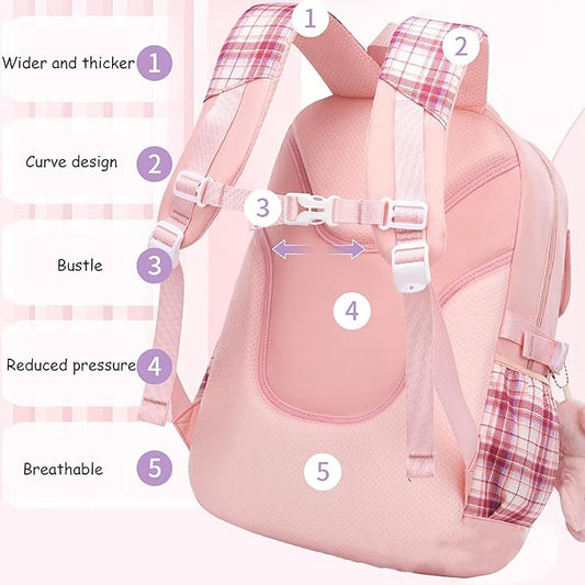 Purple Girls Backpack for Elementary School - 5Pcs Kawaii Bookbag for Kids Cute Plaid Girls Schoolbag Daypacks for Students Teen Kids Casual Travel Bag (Purple Plaid)
