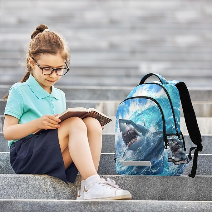 Shark Blue Ocean Wave Backpack for Boys Girls Elementary School Bag Kids Bookbag Travel Rucksack