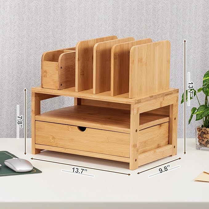 Homde Bamboo Desk Organizer with Drawer and File Holder, Office Organization for Desks with Adjustable Pen Holding, Desktop Letter Paper Tray Storage for Workplace Home School (Natural, M)