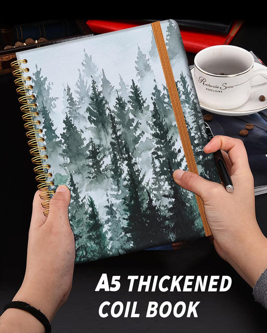 Ruled Spiral Writing Notebook,A5 Hardcover Lined College Journal for Women Lady,Fashion Puppy Watercolor Strong Twin-Wire Binding with Premium Paper,8.4" X 6",Perfect for School,Office,Home Gifts(Watercolor Misty Forest)