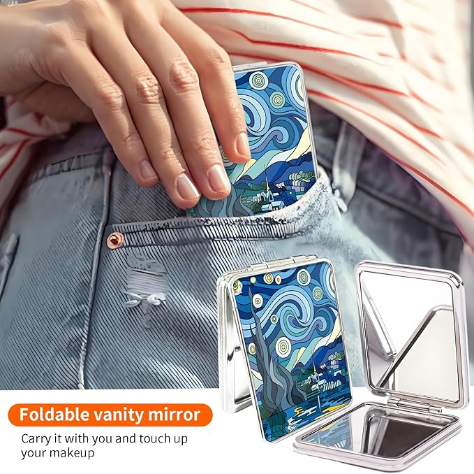 Compact Pocket Mirror, Cute Travel Mini Mirror with Magnification, Foldable Double-Sided Portable Cosmetic Mirror for Men, Women Starry Night