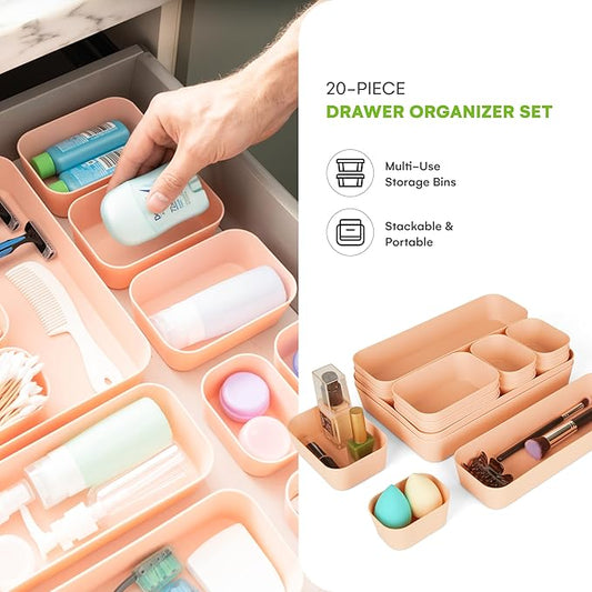 Spacesaver 20-Piece Plastic Drawer Organizer Set – Office, Makeup, Vanity, Bathroom & Desk Drawer Storage Trays – Stackable, Durable PP Bins in Multiple Sizes for Home & Office Organization