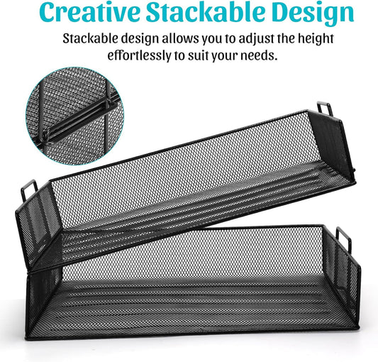 Office Drawer Organizer, 2 Tiers Stackable Paper Tray Organizer for Desk, Standing Papers File, Black Mesh/Office File Collation