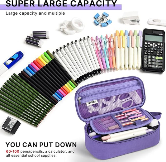 Large Pencil Case Pouch for Girls Boy Kids Children, Big Capacity Canvas Pencil Bag, Office College School Multi Compartment Zipper Stationery Pen Bag (Purple)