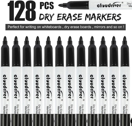 cloudriver Dry Erase Markers 128 Pack, Black Whiteboard Markers, Fine Tip, Low Odor, Bulk Dry Erase Marker For Office, home and School Supplies