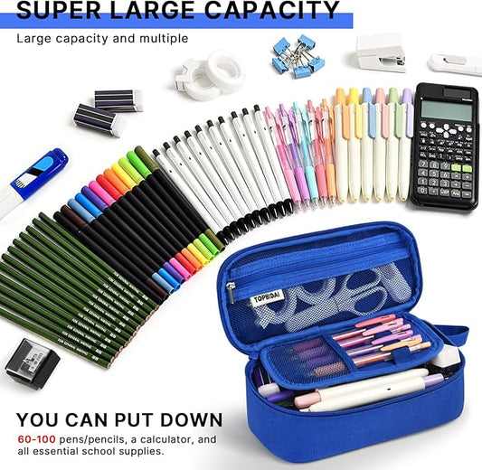 Large Pencil Case Pouch for Boy Men Kids Adults, Big Capacity Canvas Pencil Bag, Office College School Multi Compartment Zipper Stationery Pen Bag (Navy Blue)