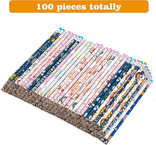 Kolewo4ever 100 Pieces Boho Rainbow Inspiring Pencils Motivational Encouragement Pencils Positive Pencil for Teachers Classrooms Reward