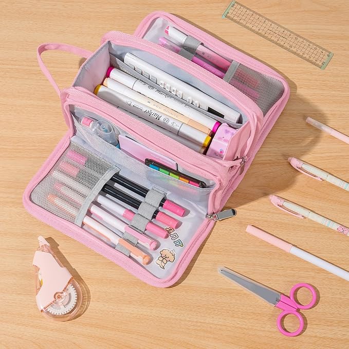 Sooez Large Pencil Case, Big Capacity Pencil Pouch Pen Bag with 3 Compartment, Portable Canvas Stationery Organizer with Zipper, Cute Aesthetic School Supplies for Teen Girls College, Black with Plaid