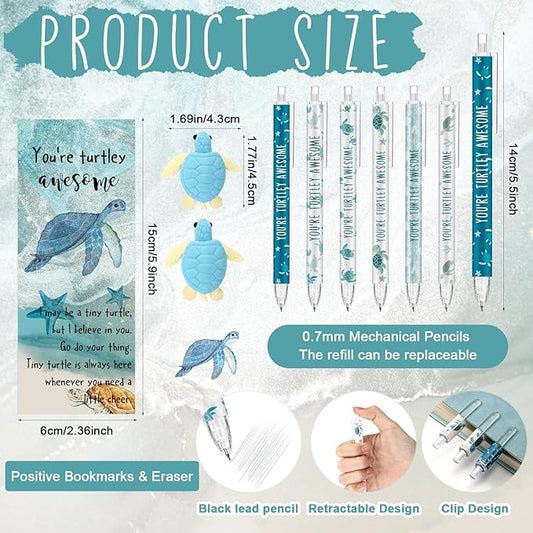 30 Sets Inspirational Turtle Gifts Bulk 6 Styles 0.7 mm Motivational Mechanical Pencils with Erasers Positive Cards Back to School Gifts for Student Teacher Coworker Office Supplies