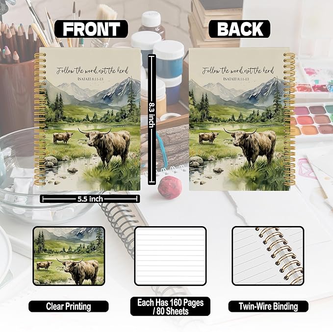 Christian Highland Cow Spiral Notebook, Farmhouse Cow Bible Journaling Notebooks, Rustic Country Mountain Farmhouse Hardcover Journals for Women 160 Pages 5.5x8.3 Inch, Christian Gifts for Women