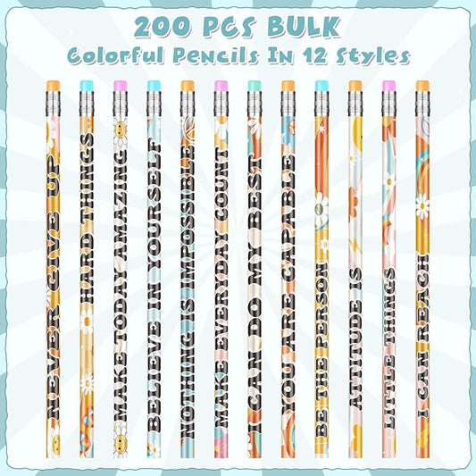Ragnhild 200 Pcs Retro Motivational Pencils, Inspirational School Pencils for Classroom, Cute Wood Graphite Pencils with Encouraging Sayings, Back to School Supplies for Kids & Teachers