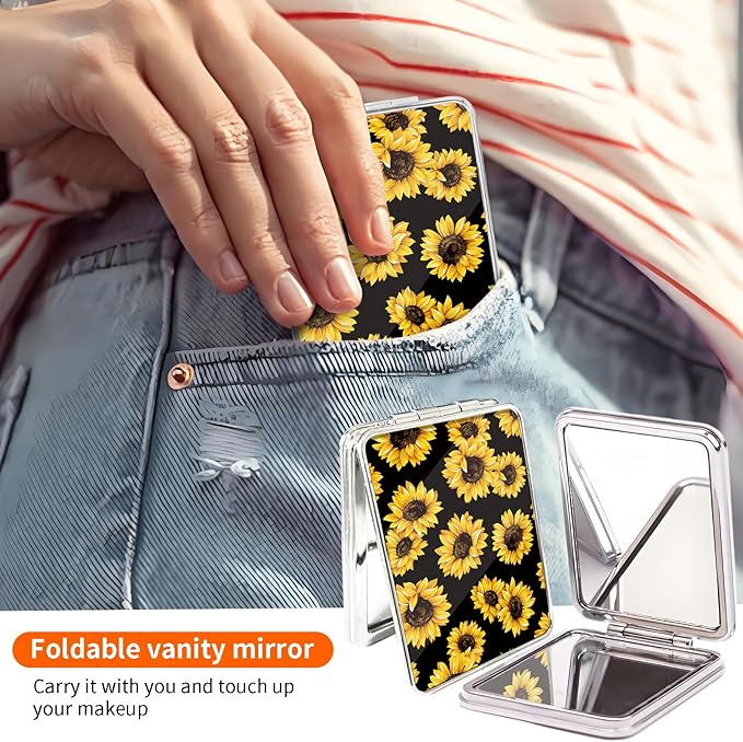 Compact Pocket Mirror, Cute Travel Mini Mirror with Magnification, Foldable Double-Sided Portable Cosmetic Mirror for Men, Women Sunflowers
