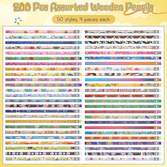 Sabary 200 Pcs Assorted Wood Pencil Bulk 50 Styles #2 HB Colorful Novelty Fun Dinosaur Animals Fruits Sports Pencils with Erasers Back to School Supplies for Kids Student Teacher Classroom Reward