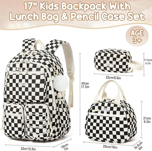 Fimibuke School Backpack for Girls Boys - 3PCS Corduroy Kids Backpack Set with Lunch Box & Pencil Pouch, Lightweight Teen Girls School Bag Laptop Bag Travel Daypack for Elementary Middle High School