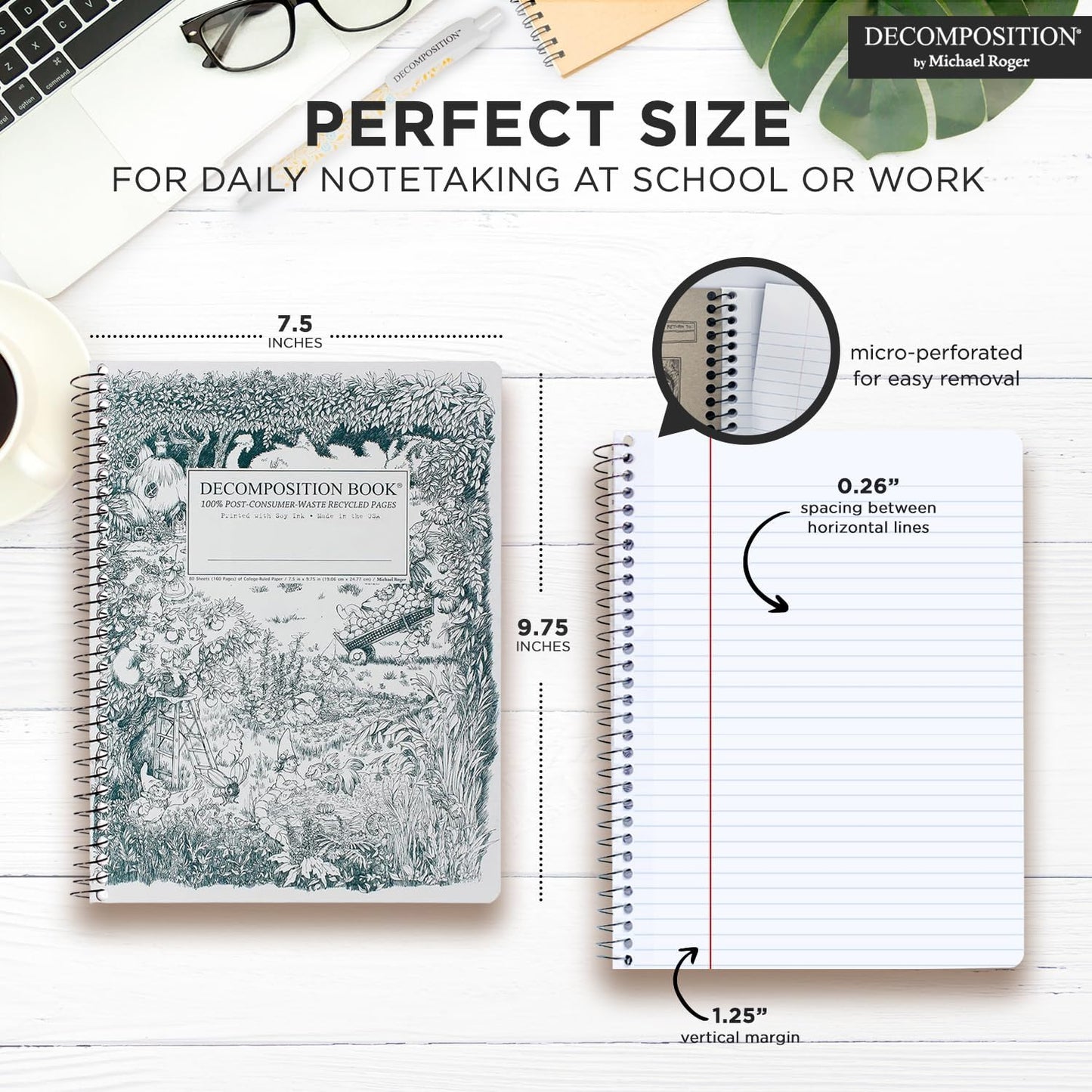 Decomposition Gardening Gnomes College Ruled Spiral Notebook - 9.75 x 7.5 Journal with 160 Lined Pages - 100% Recycled Paper - Cute Notebooks for School Supplies, Home & Office - Made in USA