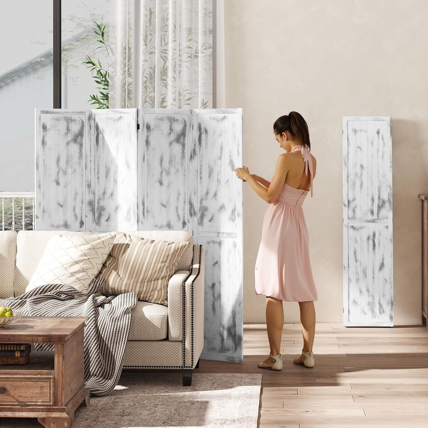 HOMCOM 5.5' Tall 4-Panel Room Divider and Folding Privacy Screen, Woodgrain Freestanding Privacy Divider, Partition Wall, Rustic White