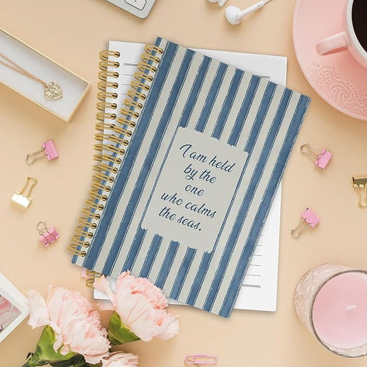 XPH Coastal Christian Spiral Notebook, Bible Verse Journaling Notebooks for Prayer, Blue Striped Religious Hardcover Journal for Writing 160 Pages 5.5 x 8.3 Inch, Christian Gifts for Women Men