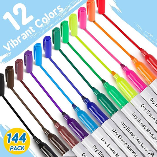 144 Count Dry Erase Markers Bulk, 12 Assorted Colors, Fine Tip Whiteboard Markers for Kids Teachers, Dry Erase Pens Bulk Pack for Classroom Home, Back to School Supplies