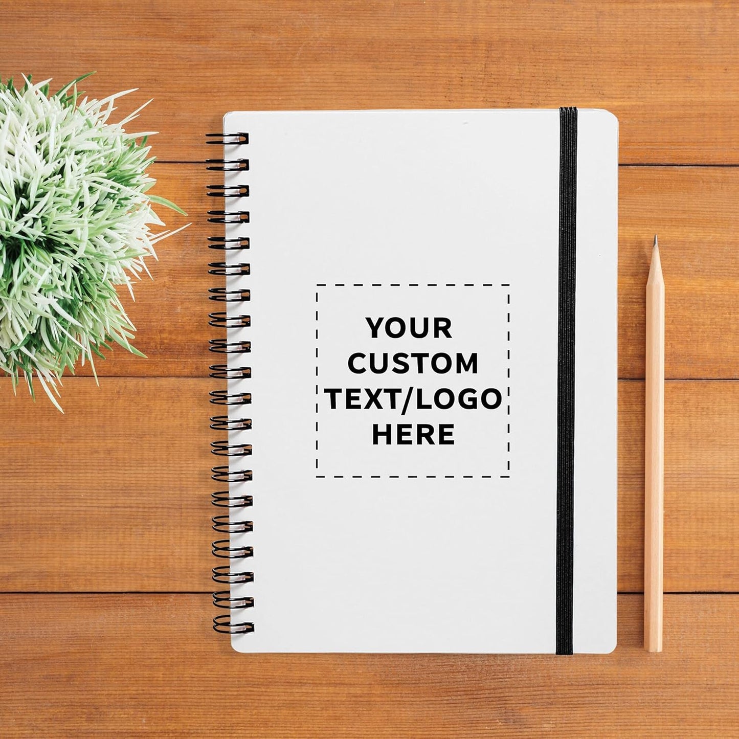 100 White Spiral Notebooks with Elastic Band Pack - Customizable Text, Logo - 80 lined pages, Recycled - Black